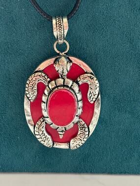 Sterling Large Red Coral Turtle Gemstone Pendant